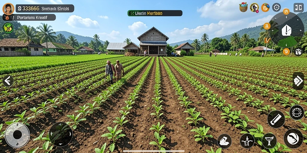 Tangkapan layar gameplay 333666 menampilkan pertanian yang subur dan beragam tanaman.