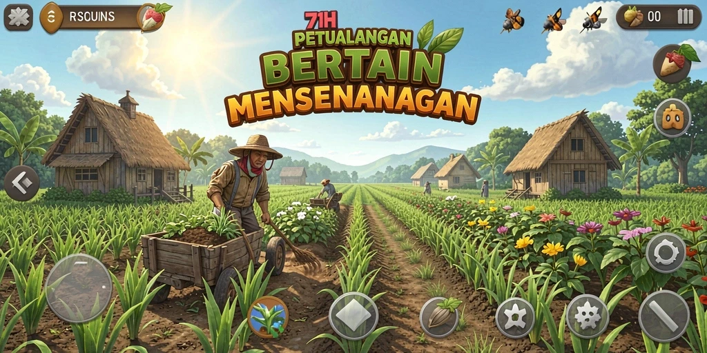 Tangkapan layar gameplay 71H menampilkan suasana pertanian yang cerah.