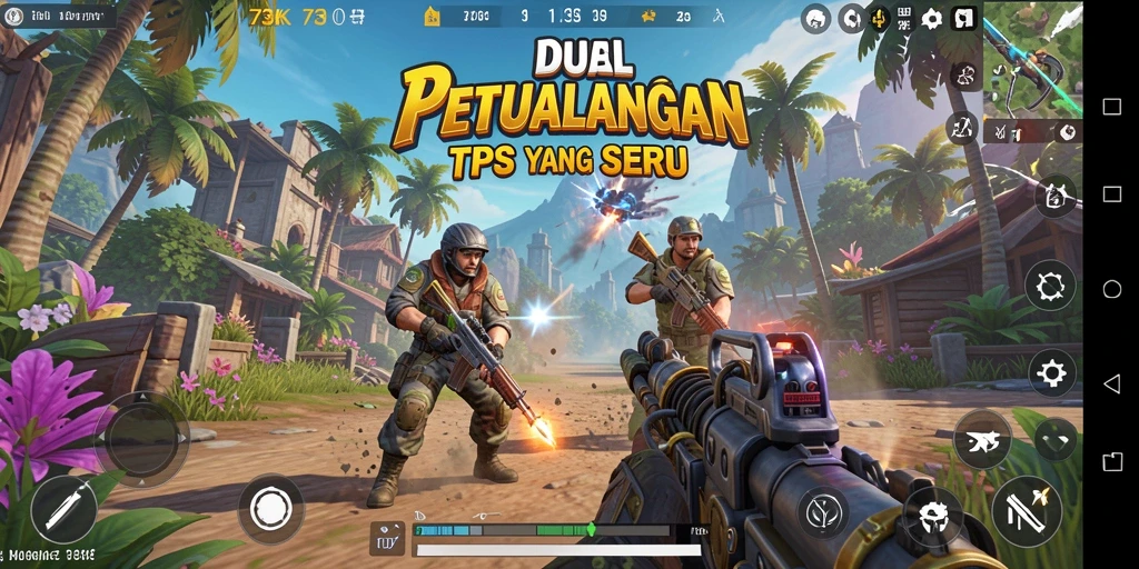 Screenshot gameplay utama 73K saat aksi TPS penuh ketegangan.