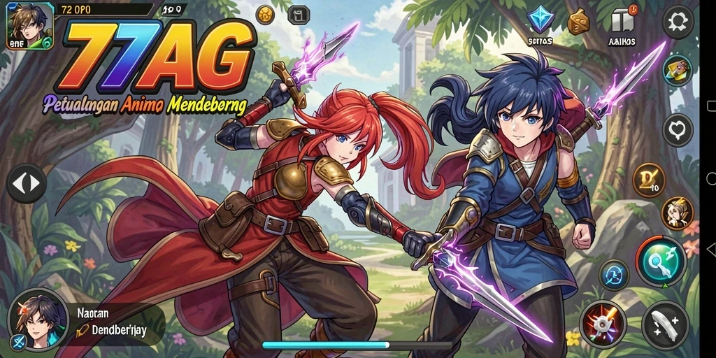 Tangkapan layar permainan 77AG yang menampilkan pertempuran karakter anime yang dinamis.