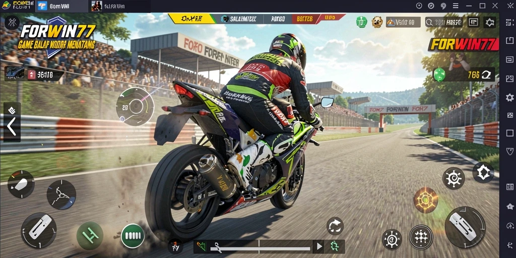 Gameplay FORWIN77 dengan balapan motor yang mendebarkan.