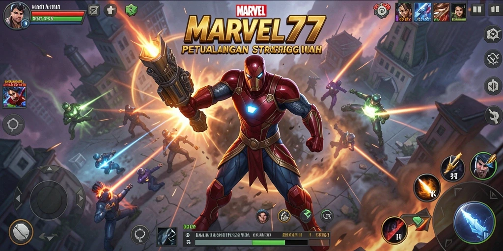 Tampilan gameplay menegangkan dalam pertempuran strategis superhero.
