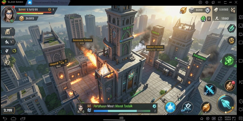 Tampilan gameplay SL999 dengan menara pertahanan yang megah.