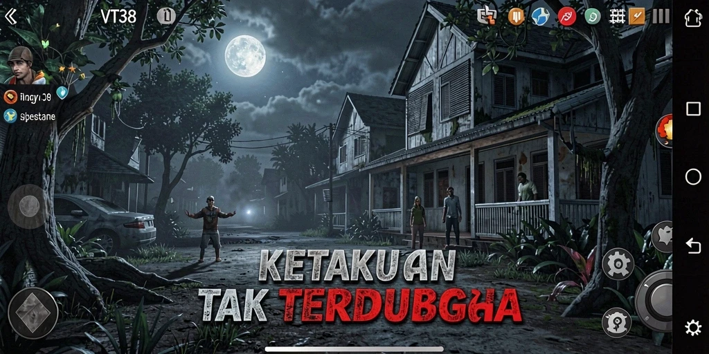 Screenshot gameplay VT38 menunjukkan suasana mencekam dan hantu menyeramkan.