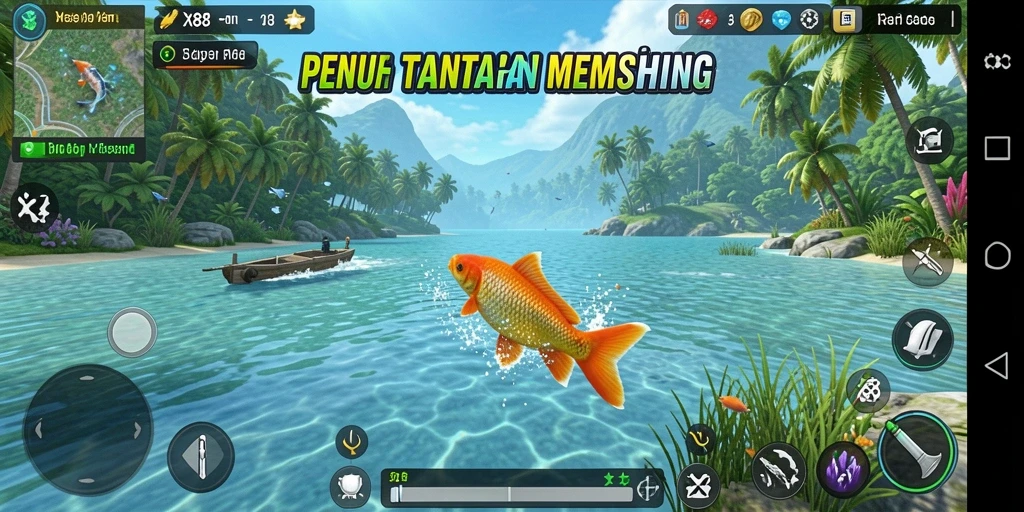 Screenshot gameplay X88 yang menarik menunjukkan aksi memancing yang seru.