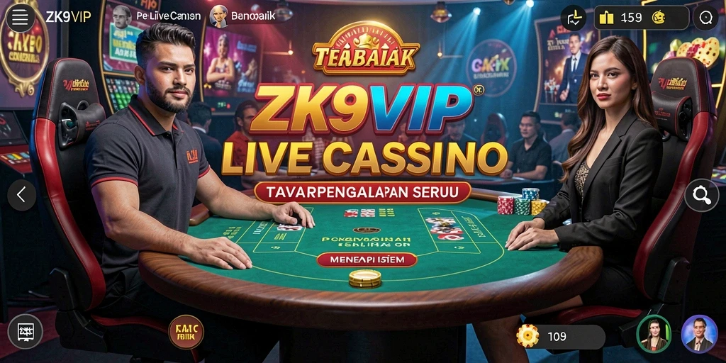 Screenshot gameplay ZK9VIP menampilkan dealer langsung dan suasana kasino.